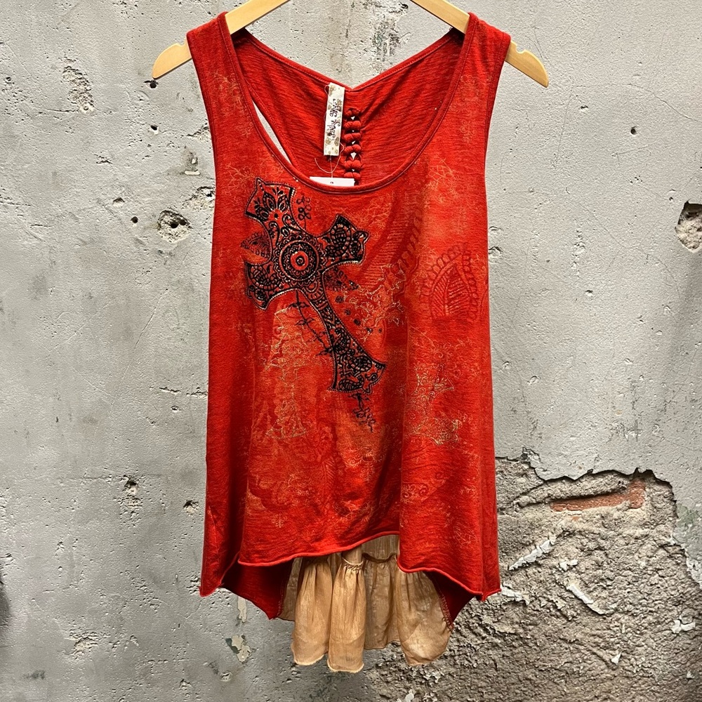 Only Sky Vintage Y2K Red Grunge Cross Graohic Braid Detail Tank Top Large L 00s